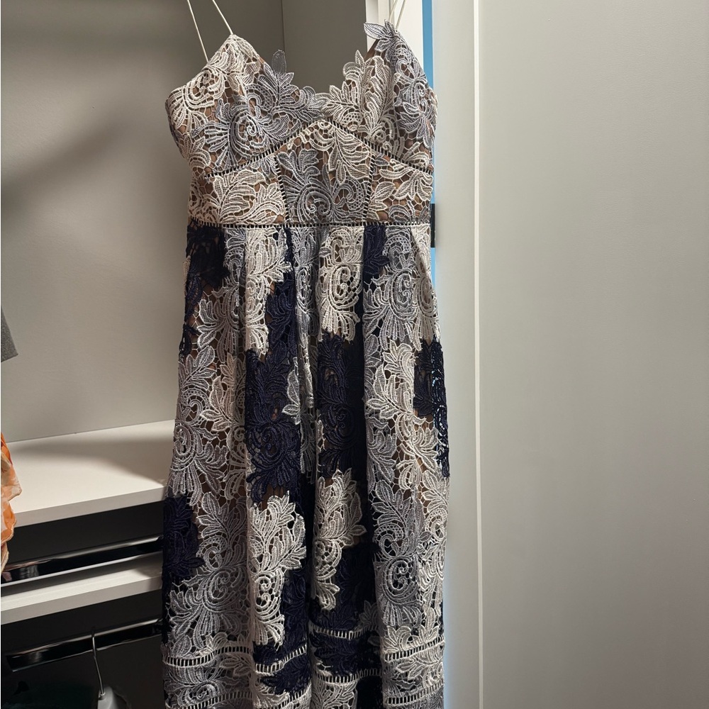 Self-Portrait Navy and Cream Lace Midi Dress